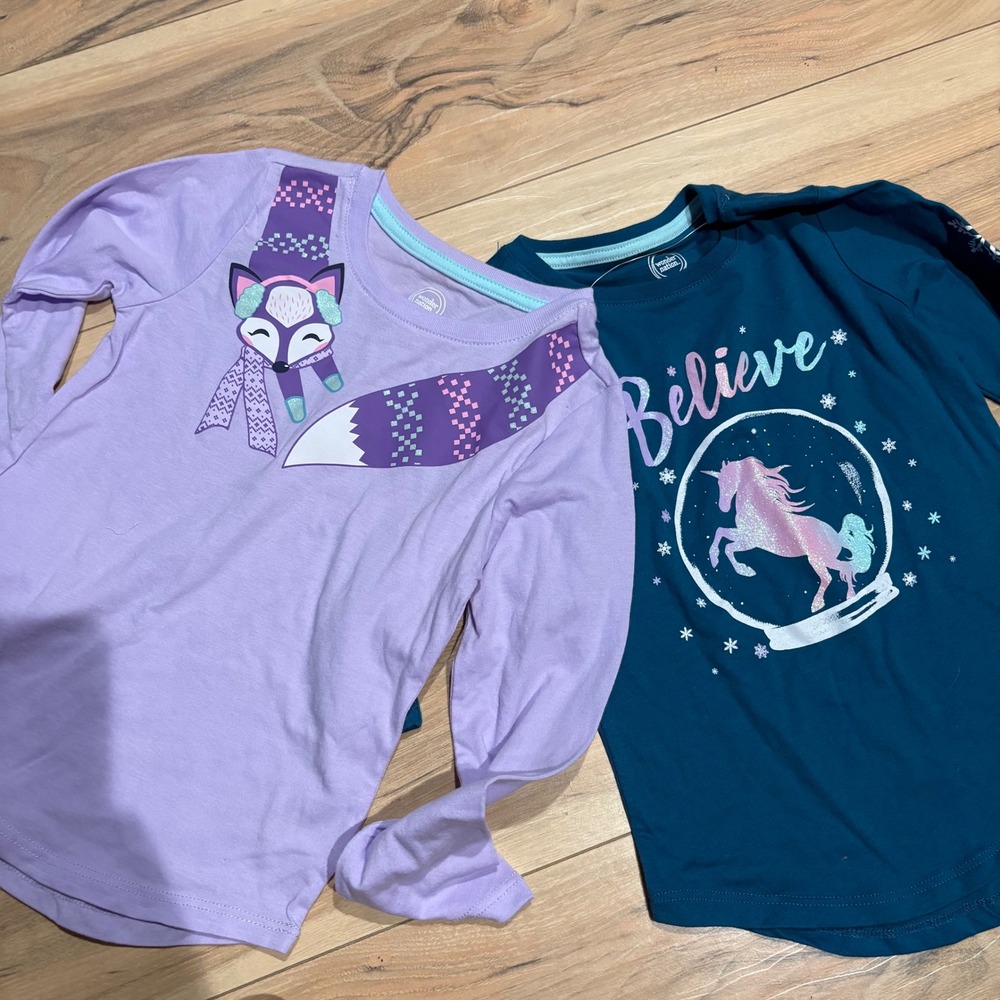 Wonder Nation XS4/5 2 Piece Long Sleeve Graphic Tee Shirt Set Fox Unicorn Believ